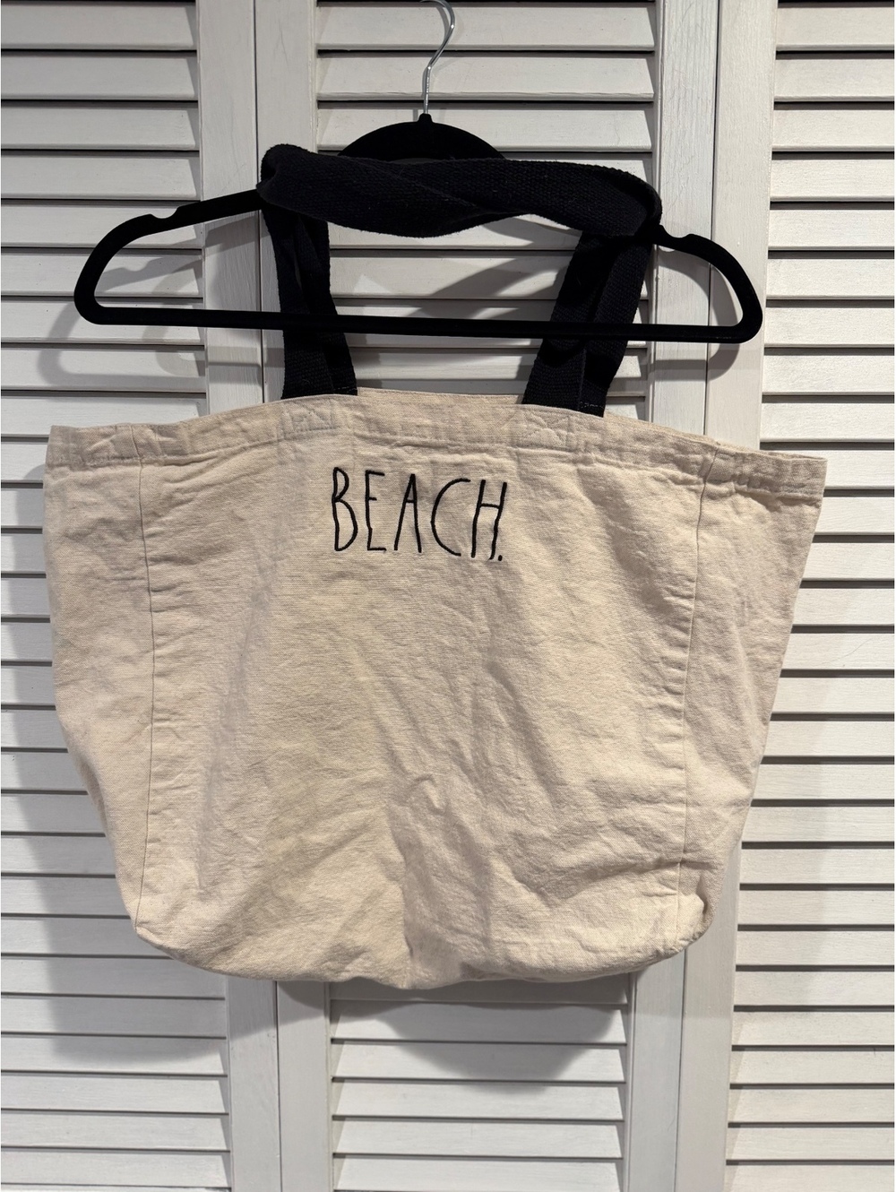 Rae Dunn Canvas Tote Bag with Black Handles, Beach Embroidery